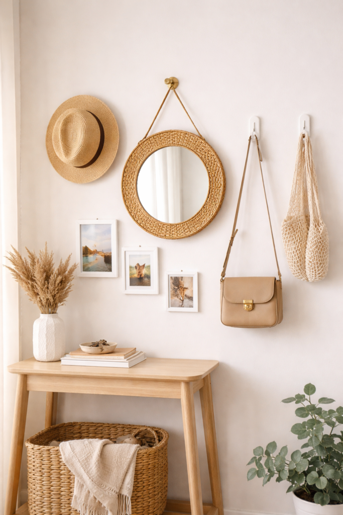 command hooks used for renter-friendly apartment decor in entryway